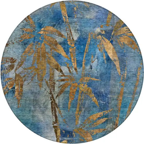 8' Blue And Brown Round Botanical Leaves Washable Indoor Outdoor Area Rug Photo 1