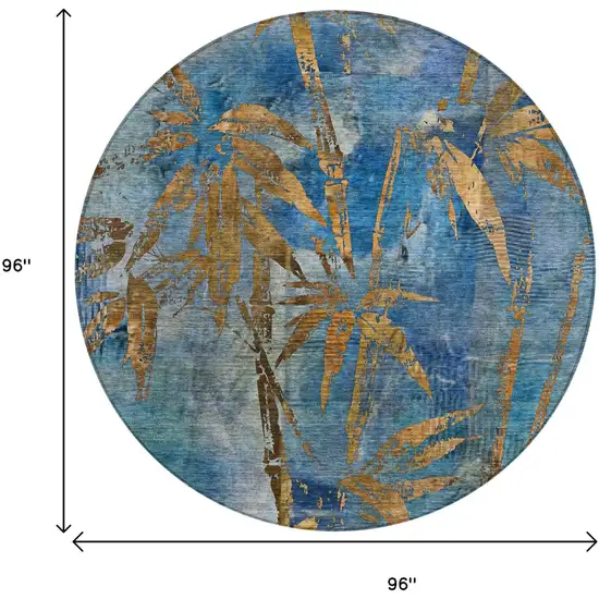 8' Blue And Brown Round Botanical Leaves Washable Indoor Outdoor Area Rug Photo 9