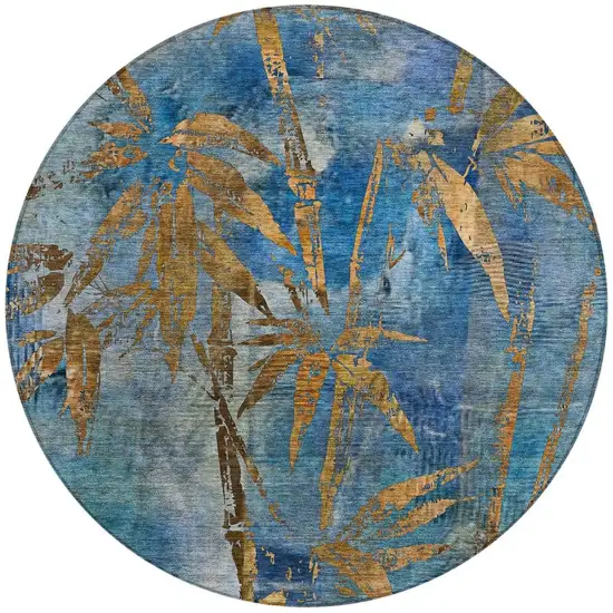 8' Blue And Brown Round Botanical Leaves Washable Indoor Outdoor Area Rug Photo 3