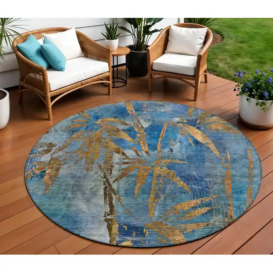 8' Blue And Brown Round Botanical Leaves Washable Indoor Outdoor Area Rug Photo 2