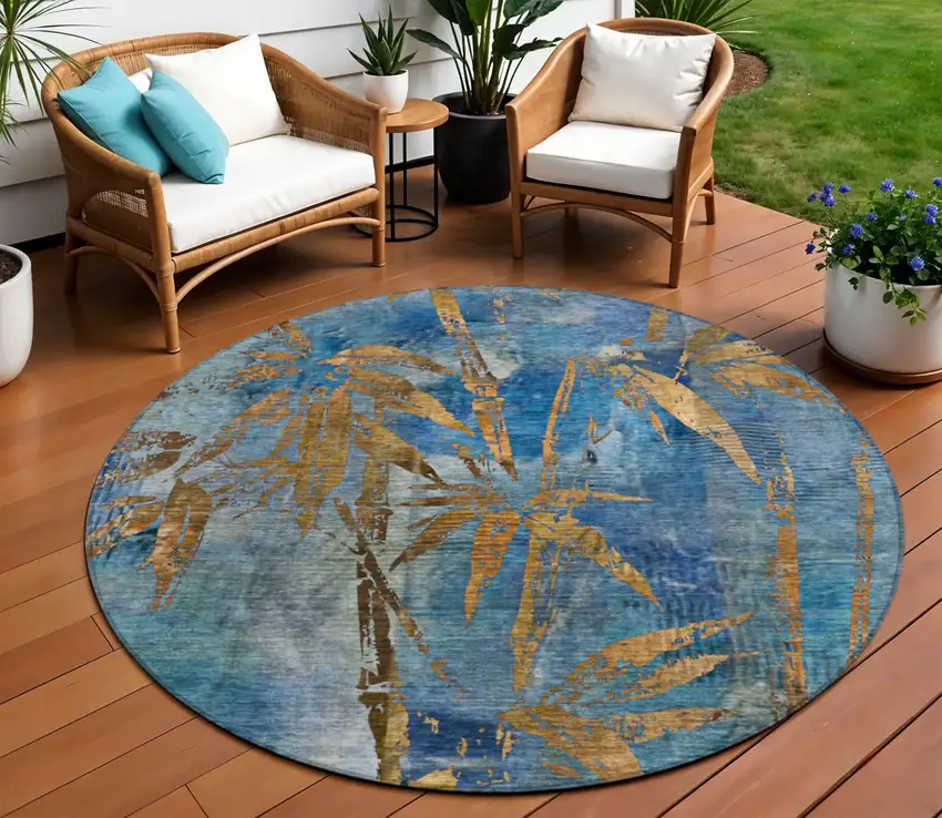 8' Blue And Brown Round Botanical Leaves Washable Indoor Outdoor Area Rug Photo 2