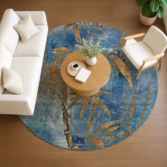 8' Blue And Brown Round Botanical Leaves Washable Indoor Outdoor Area Rug Photo 8