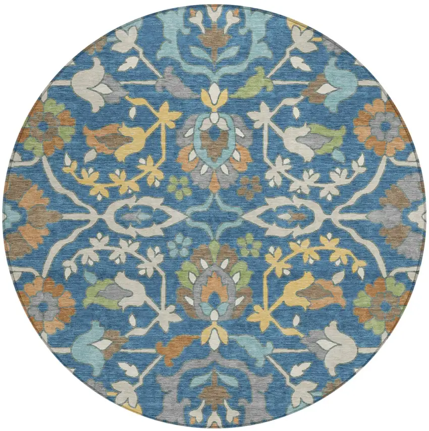 8' Blue And Brown Round Floral Washable Indoor Outdoor Area Rug Photo 1
