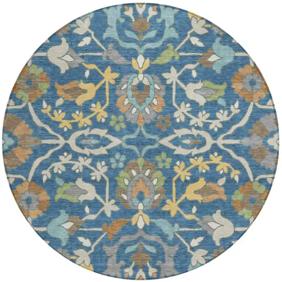 8' Blue And Brown Round Floral Washable Indoor Outdoor Area Rug Photo 1