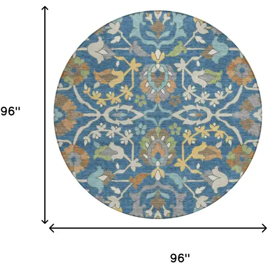8' Blue And Brown Round Floral Washable Indoor Outdoor Area Rug Photo 6