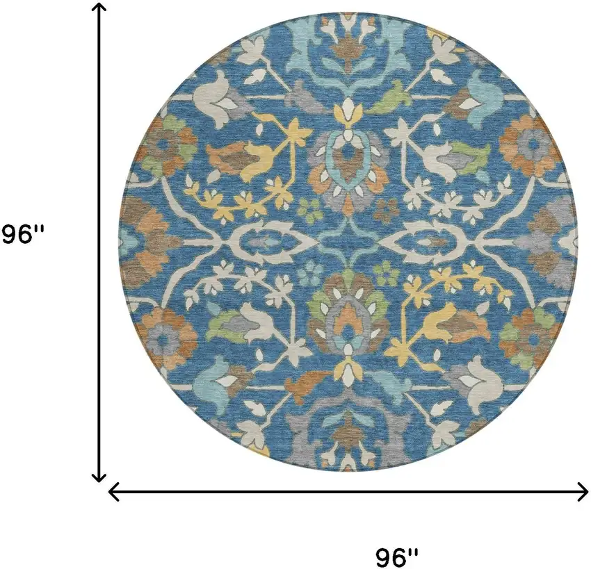 8' Blue And Brown Round Floral Washable Indoor Outdoor Area Rug Photo 6