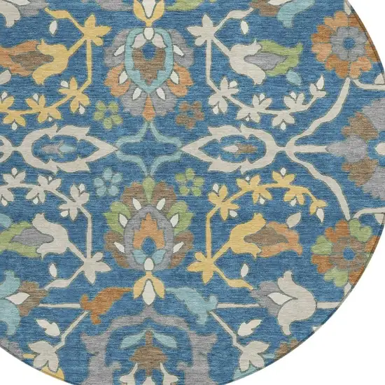 8' Blue And Brown Round Floral Washable Indoor Outdoor Area Rug Photo 3