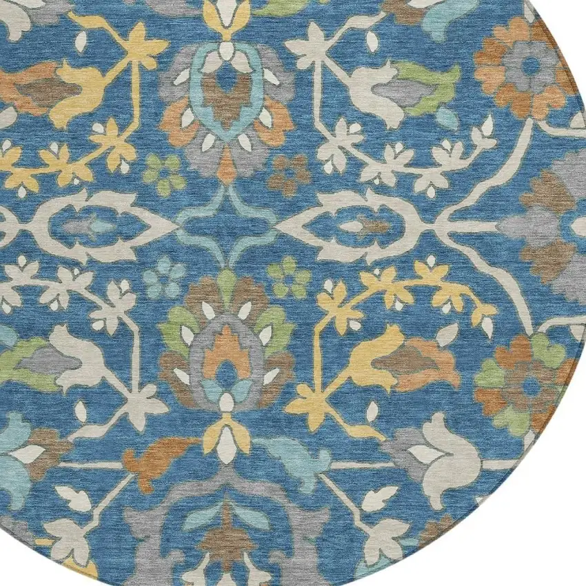 8' Blue And Brown Round Floral Washable Indoor Outdoor Area Rug Photo 3