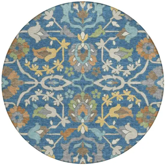 8' Blue And Brown Round Floral Washable Indoor Outdoor Area Rug Photo 2