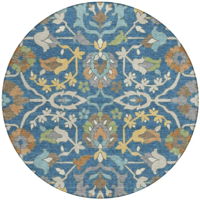 8' Blue And Brown Round Floral Washable Indoor Outdoor Area Rug Photo 2