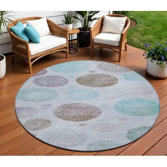 8' Blue And Brown Round Geometric Washable Indoor Outdoor Area Rug Photo 2