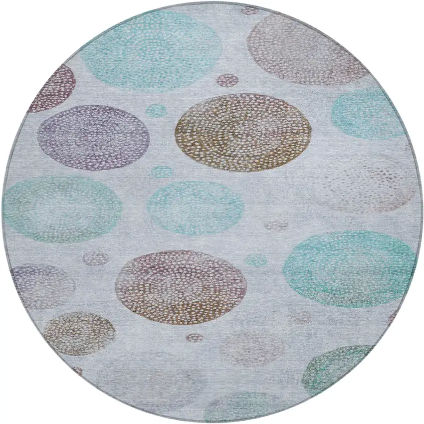 8' Blue And Brown Round Geometric Washable Indoor Outdoor Area Rug Photo 1