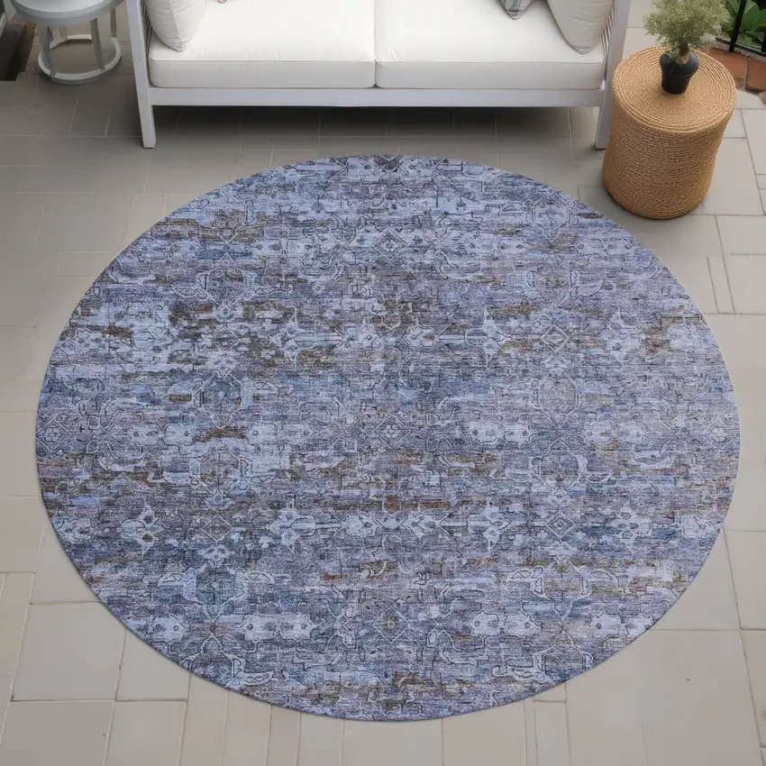 8' Blue And Brown Round Ikat Washable Indoor Outdoor Area Rug Photo 8