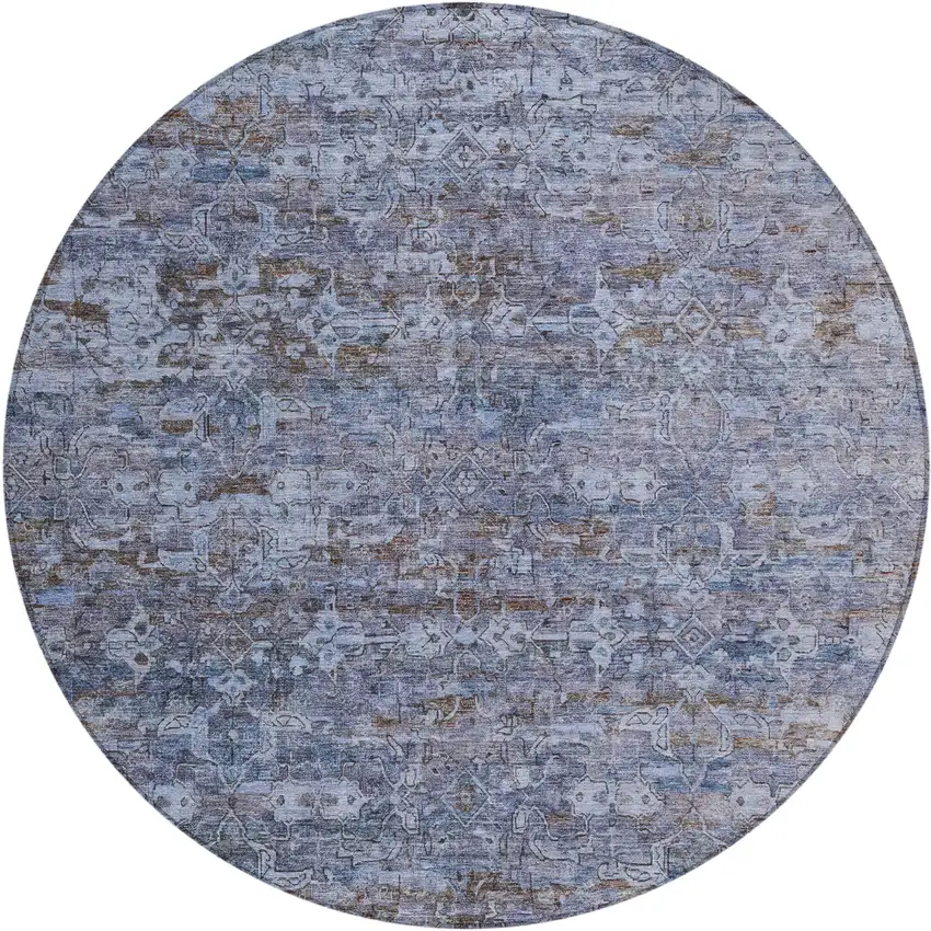 8' Blue And Brown Round Ikat Washable Indoor Outdoor Area Rug Photo 2