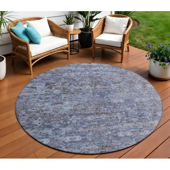 8' Blue And Brown Round Ikat Washable Indoor Outdoor Area Rug Photo 1