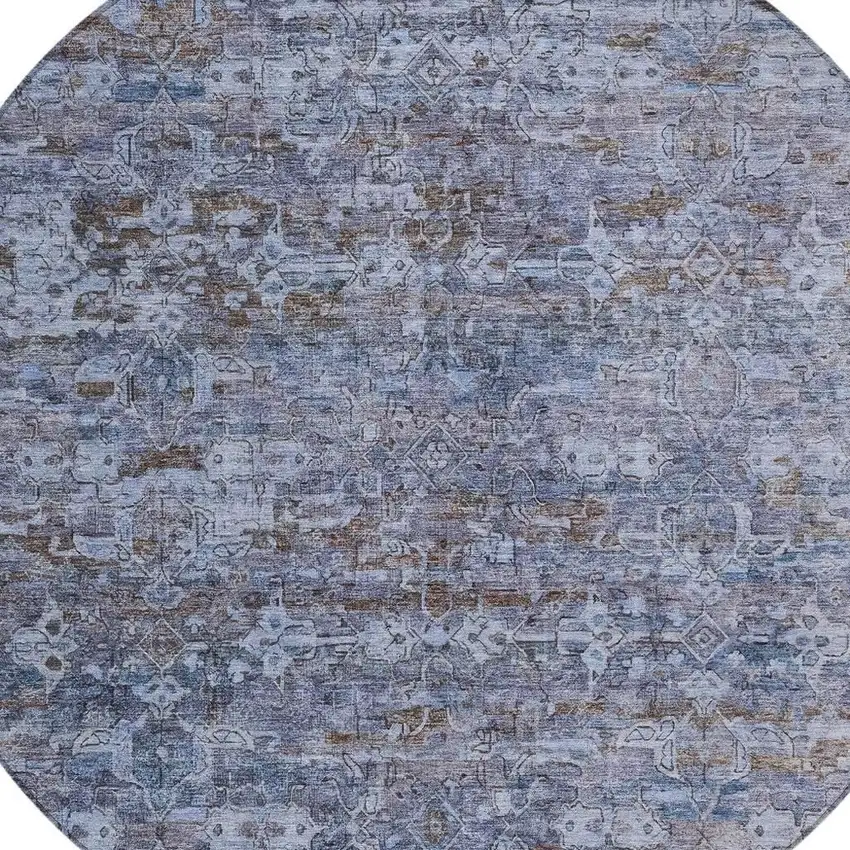 8' Blue And Brown Round Ikat Washable Indoor Outdoor Area Rug Photo 7