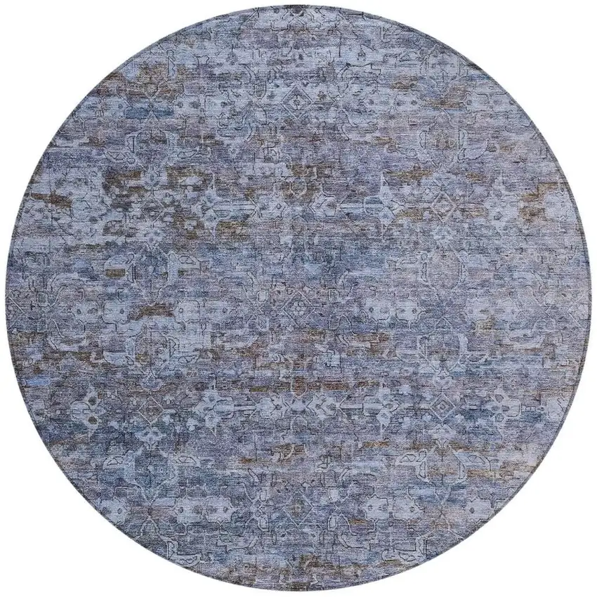 8' Blue And Brown Round Ikat Washable Indoor Outdoor Area Rug Photo 4