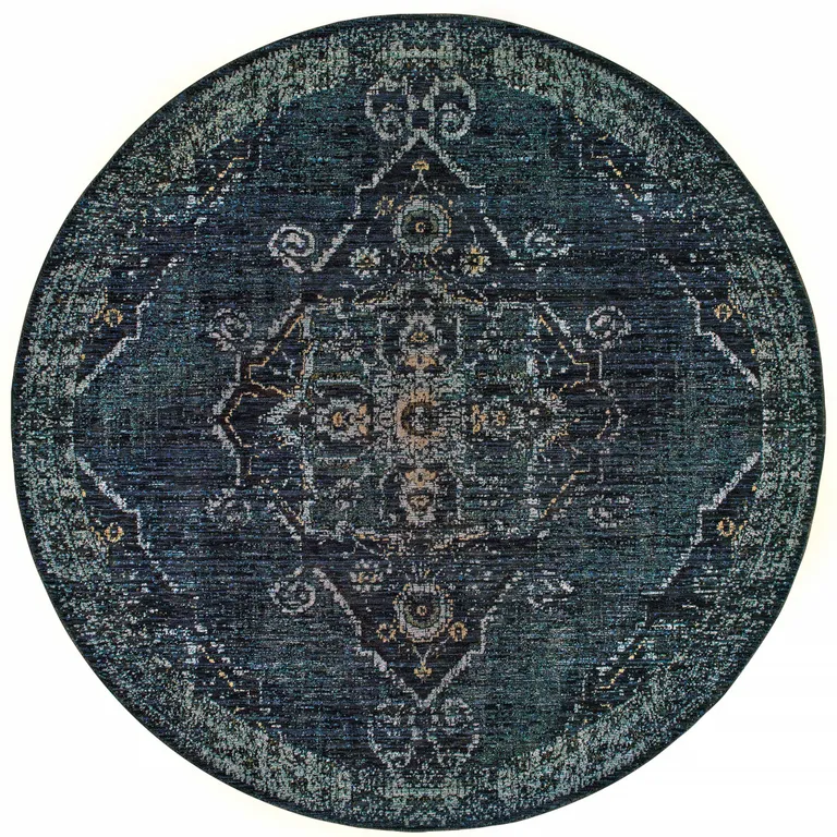 8' Blue And Brown Round Oriental Power Loom Stain Resistant Area Rug Photo 1