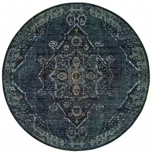 Photo of 8' Blue And Brown Round Oriental Power Loom Stain Resistant Area Rug
