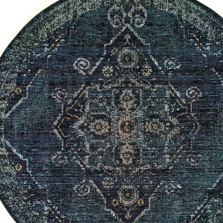 8' Blue And Brown Round Oriental Power Loom Stain Resistant Area Rug Photo 3
