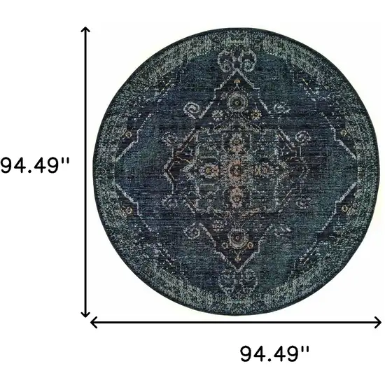 8' Blue And Brown Round Oriental Power Loom Stain Resistant Area Rug Photo 5