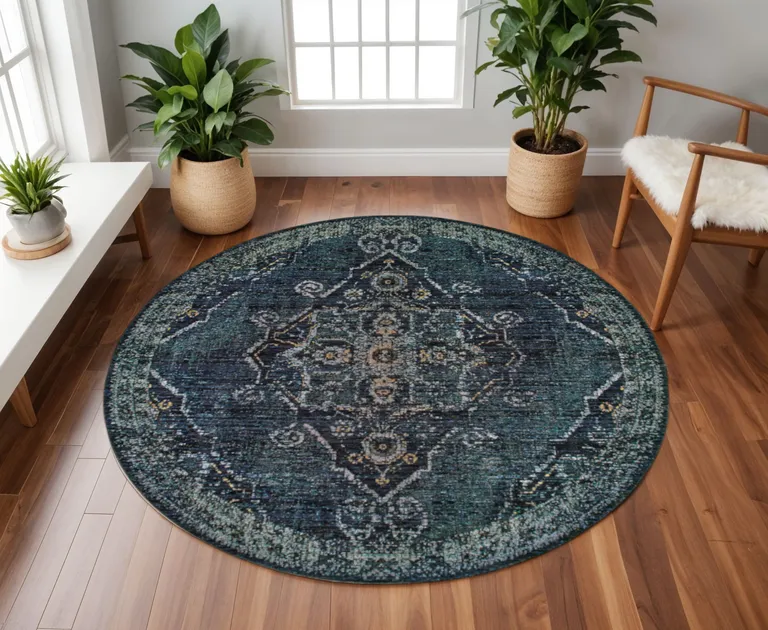 8' Blue And Brown Round Oriental Power Loom Stain Resistant Area Rug Photo 5
