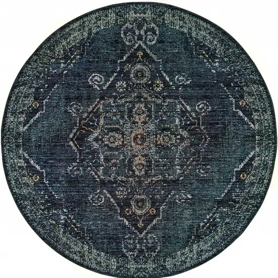 8' Blue And Brown Round Oriental Power Loom Stain Resistant Area Rug Photo 4
