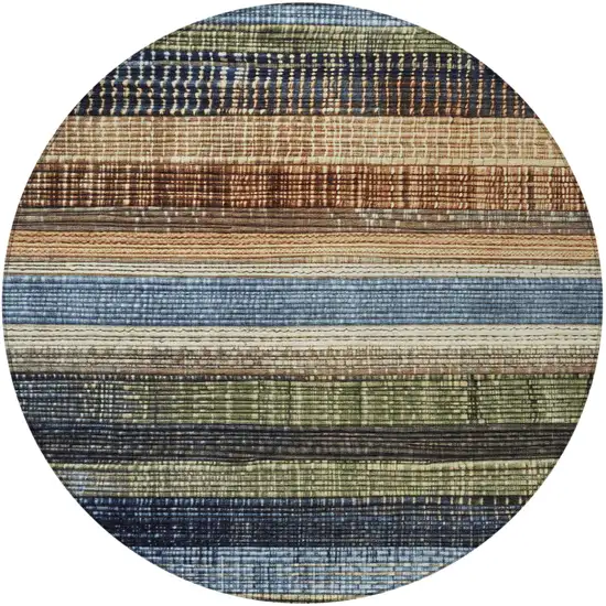 8' Blue And Brown Round Striped Washable Indoor Outdoor Area Rug Photo 3