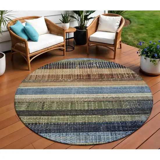 8' Blue And Brown Round Striped Washable Indoor Outdoor Area Rug Photo 2