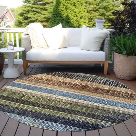 8' Blue And Brown Round Striped Washable Indoor Outdoor Area Rug Photo 5