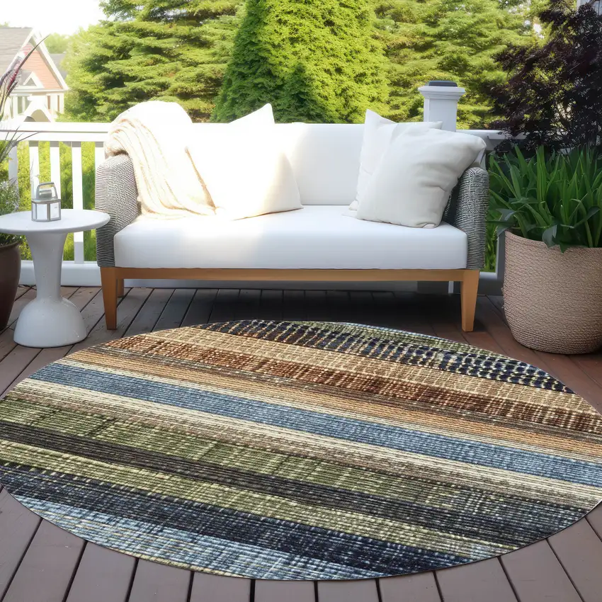 8' Blue And Brown Round Striped Washable Indoor Outdoor Area Rug Photo 5
