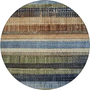 Photo of 8' Blue And Brown Round Striped Washable Indoor Outdoor Area Rug