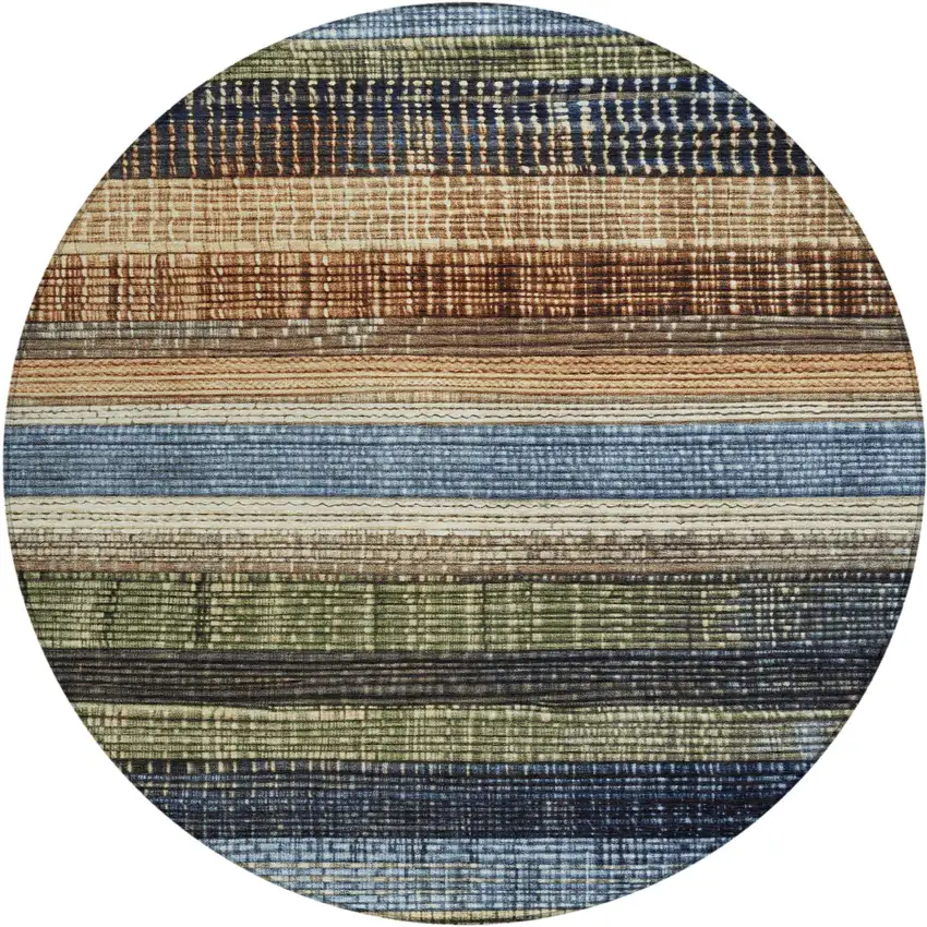 8' Blue And Brown Round Striped Washable Indoor Outdoor Area Rug Photo 1