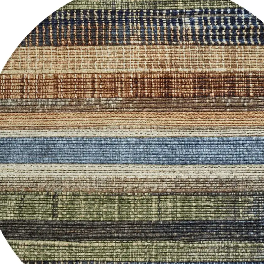 8' Blue And Brown Round Striped Washable Indoor Outdoor Area Rug Photo 8