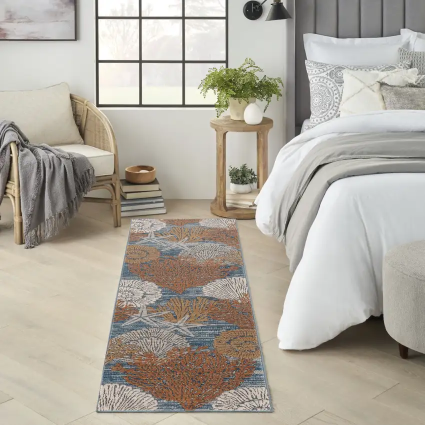 8' Blue And Brown Seashell and Coral Non Skid Runner Rug Photo 3