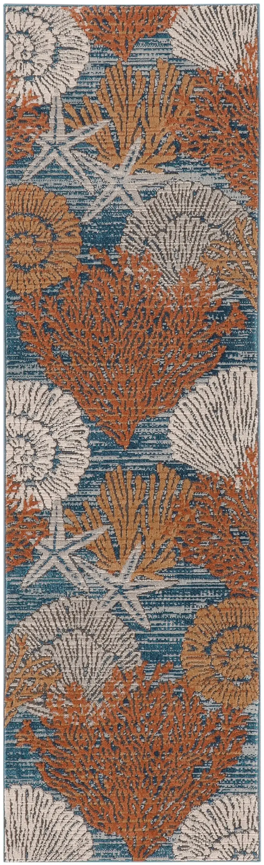 8' Blue And Brown Seashell and Coral Non Skid Runner Rug Photo 4