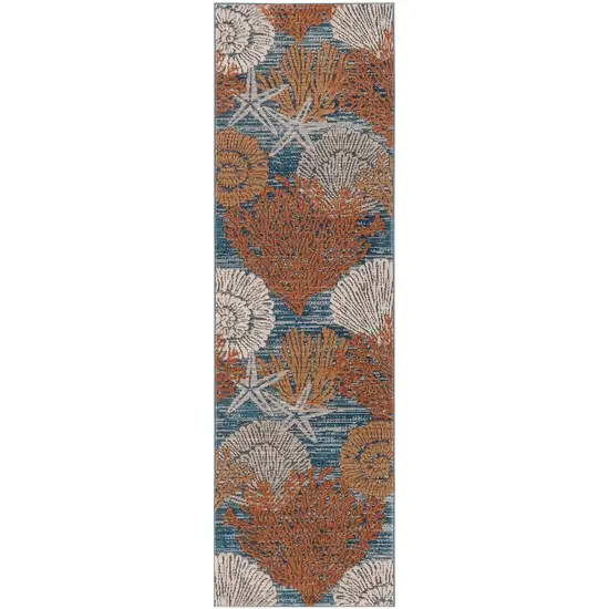 8' Blue And Brown Seashell and Coral Non Skid Runner Rug Photo 4