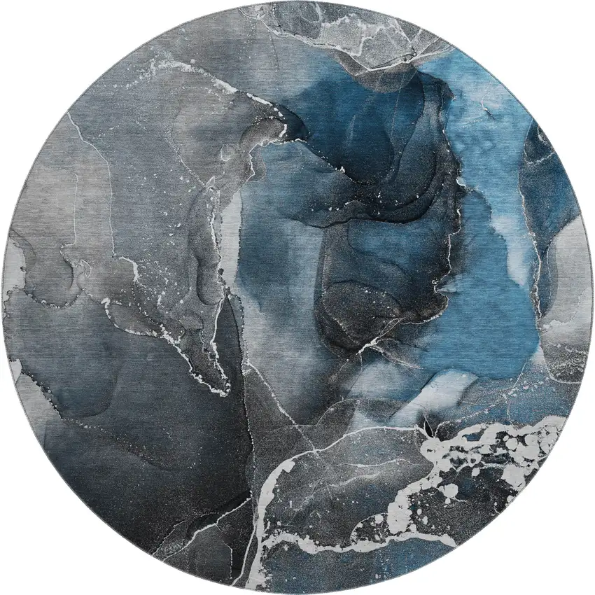 8' Blue And Charcoal Abstract Washable Round Rug With UV Protection Photo 2