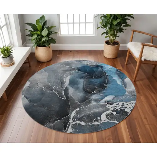 8' Blue And Charcoal Abstract Washable Round Rug With UV Protection Photo 2