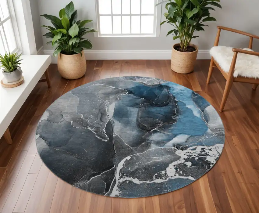 8' Blue And Charcoal Abstract Washable Round Rug With UV Protection Photo 2