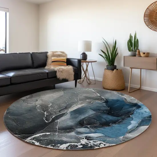 8' Blue And Charcoal Abstract Washable Round Rug With UV Protection Photo 5