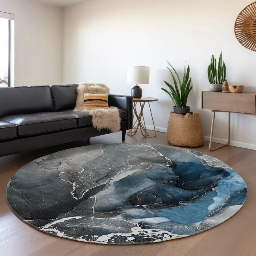8' Blue And Charcoal Abstract Washable Round Rug With UV Protection Photo 5