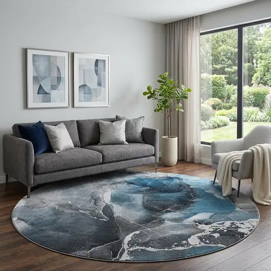 8' Blue And Charcoal Abstract Washable Round Rug With UV Protection Photo 1