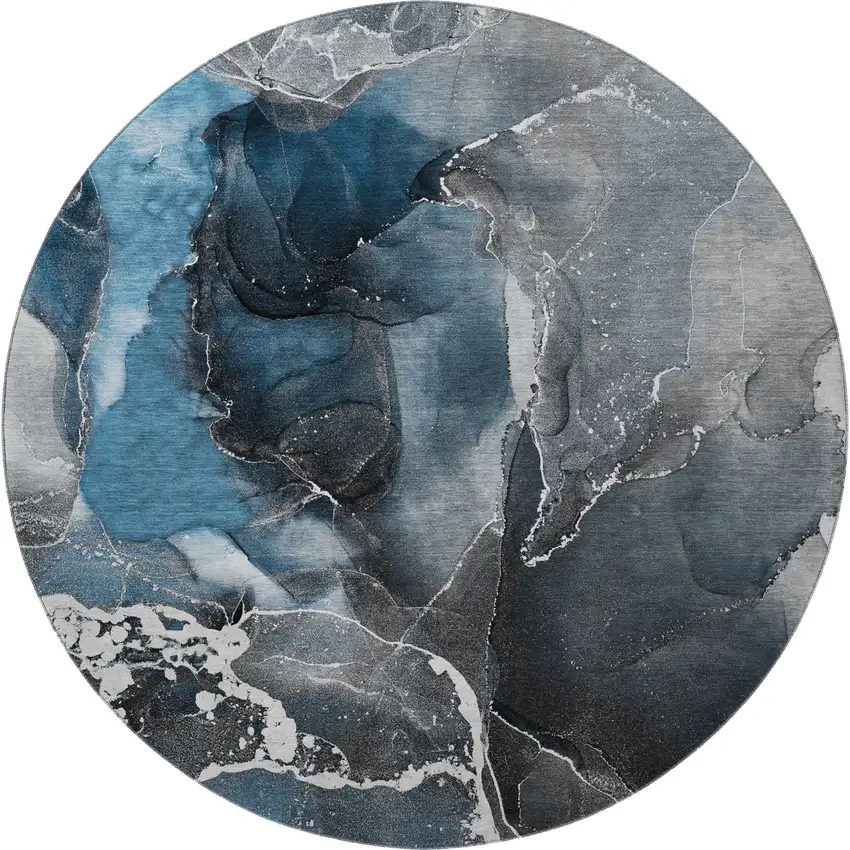 8' Blue And Charcoal Abstract Washable Round Rug With UV Protection Photo 4