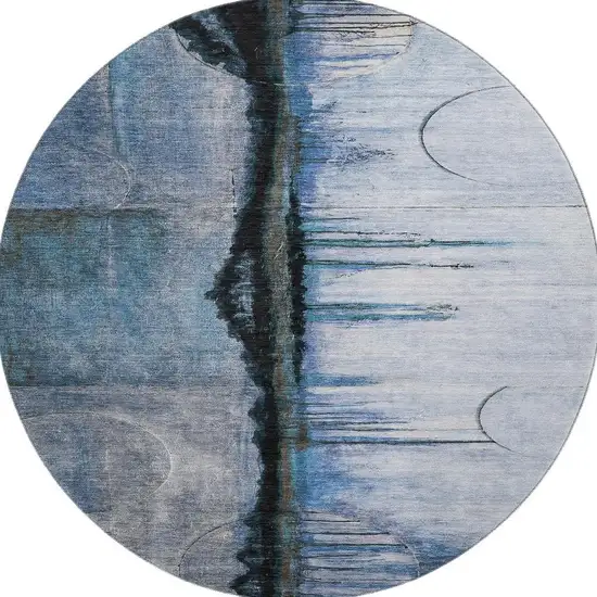 8' Blue And Charcoal Abstract Washable Round Rug With UV Protection Photo 4