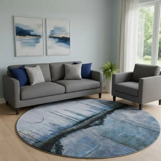 8' Blue And Charcoal Abstract Washable Round Rug With UV Protection Photo 2
