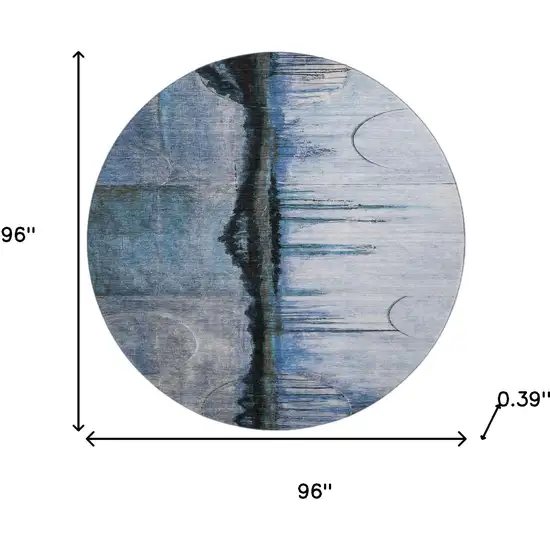 8' Blue And Charcoal Abstract Washable Round Rug With UV Protection Photo 8