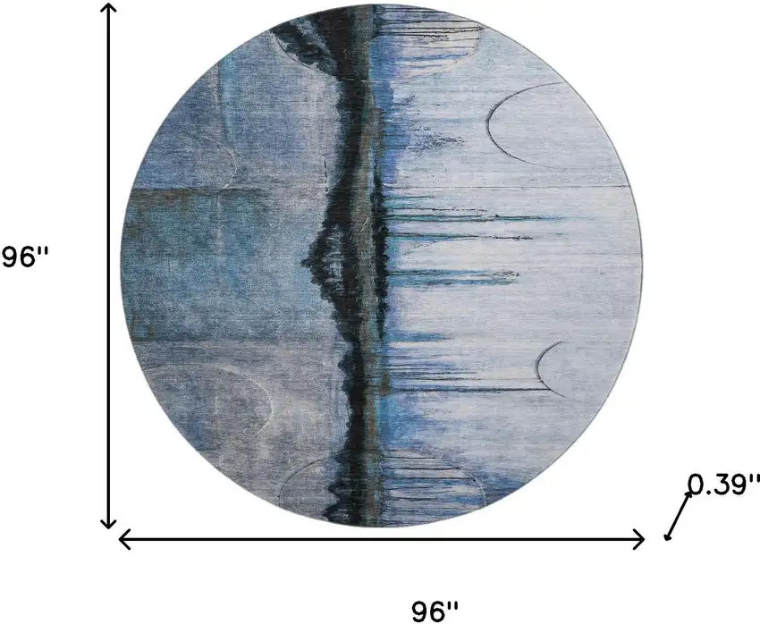 8' Blue And Charcoal Abstract Washable Round Rug With UV Protection Photo 8
