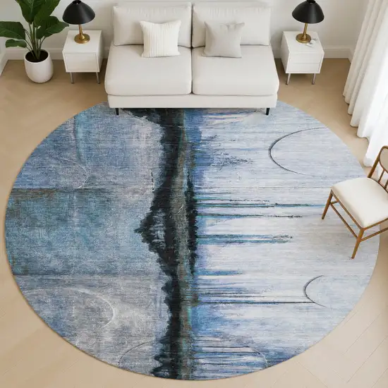 8' Blue And Charcoal Abstract Washable Round Rug With UV Protection Photo 5