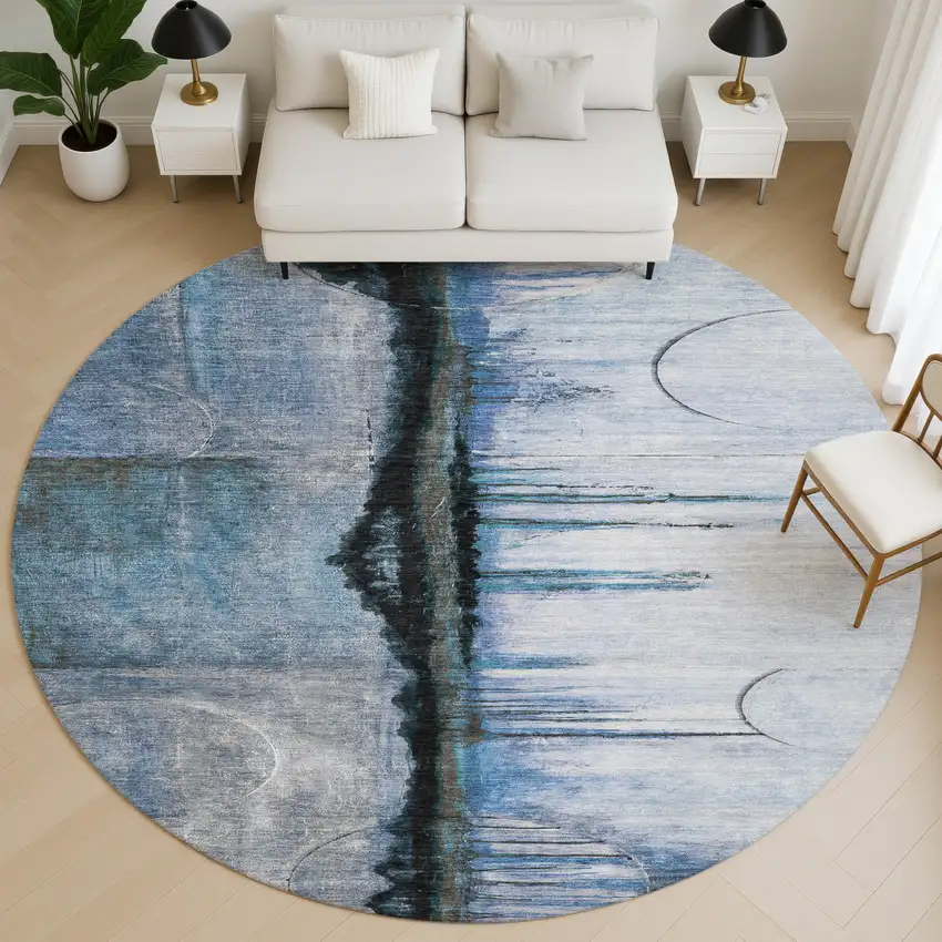 8' Blue And Charcoal Abstract Washable Round Rug With UV Protection Photo 5